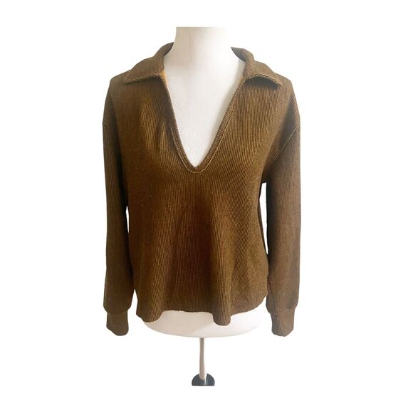 Urban Outfitters Deep V Ribbed Cropped Sweater Size XS Brown Gold - Picture 1 of 10